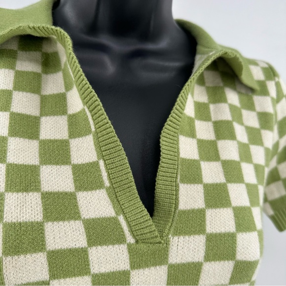 Hesperus Green Cream Checkered Crop Top Collared Sweater Medium Short Sleeve - Picture 7 of 7